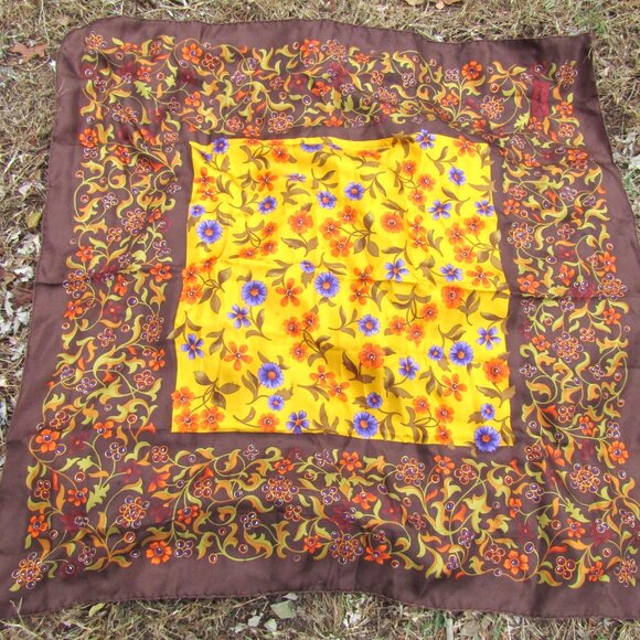 YSL Silk Scarf Boho Floral Brown Yves Saint Laurent 34" x 34" Square Vintage - Picture 3 of 5
